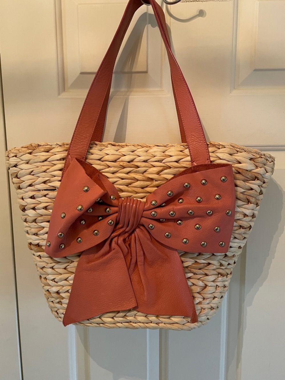 RED Valentino Straw Tote with Studded Terracotta Dusty Rose Bow
